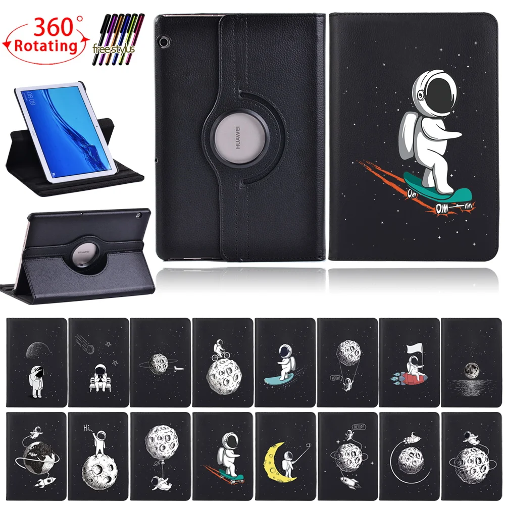 

Case for Huawei MediaPad T3 10 9.6"/T5 10 10.1"Astronaut 360 Rotating PU Leather Tablet Protective Folio Cover+ Free Stylus