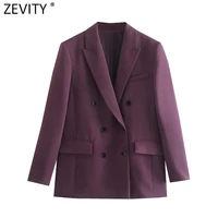 Zevity Vrouwen Mode Double Breasted Losse Blazer Jas Vintage Lange Mouwen Klepzakken Vrouwelijke Bovenkleding Chic Veste Suits CT819
