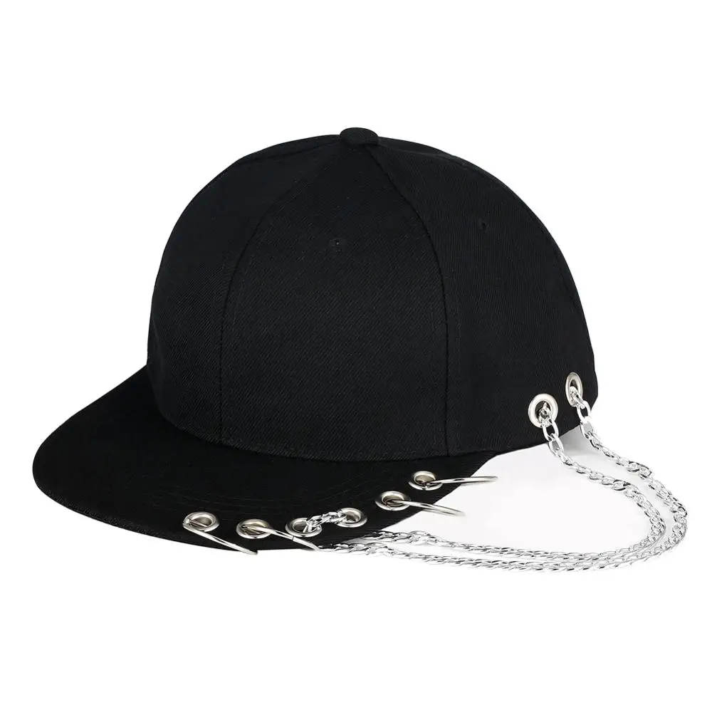 

Black Punk Cap With Ring Hip Hop Iron Chain Cap Rivet Flat Peaked Hat Sport Breathable Dad Baseball Caps Bone Snapback Boy