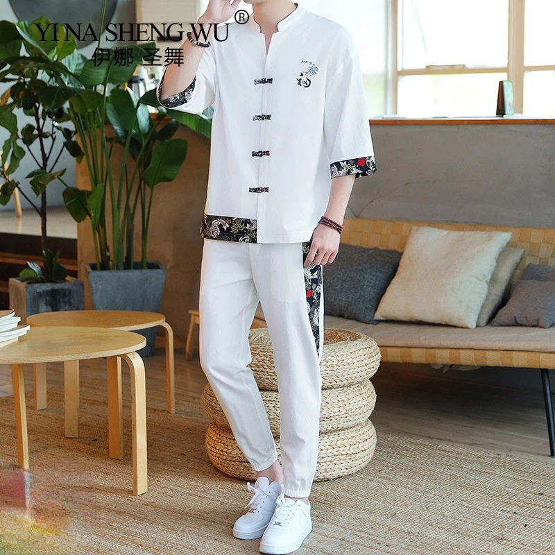 

Cotton Linen Printed Suit Short Sleeve Linen Chinese Style Five Sleeve Tang Casual Han Suit Two-piece Set for Men In Summer