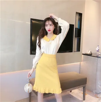 

Women Outfits Spring Korean Sweet Doll Collar Long Sleeve Knit Top + Ruffled Skirt Two Piece Sets Elegant Colorful Sweatsuits