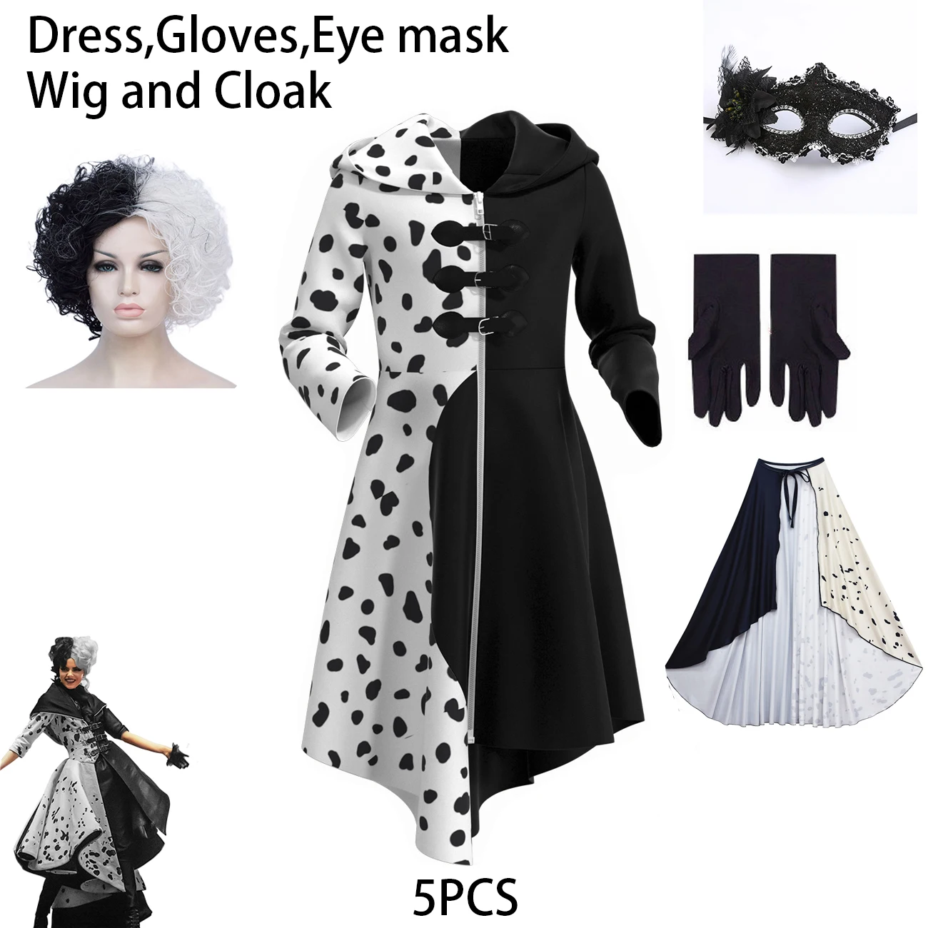 Детские платья Cruella De Vil 2021 костюмы для косплея черно-белая одежда Хэллоуина и