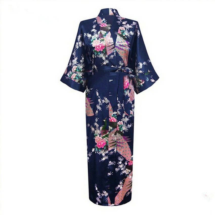 Japanese Kimono Sexy Bride Bridesmaid Wedding Dressing Woman Japanese Kimono Dress Peacock Print Satin Silk Yukata Bathing Robe Nightgown