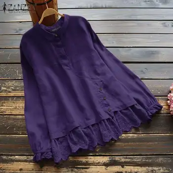 

2020 Spring Irregular Button Shirt ZANZEA Women Lace Patchwork Blouse Vintage Solid Long Sleeve Cotton Tunic Tops Blusas Chemise