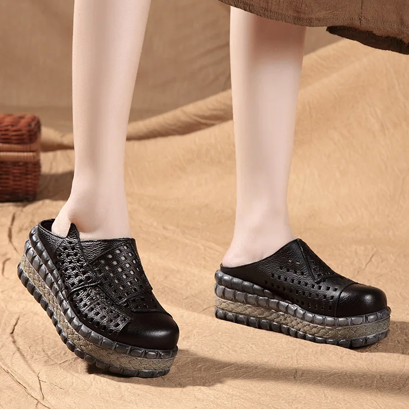 

Delphinium 2018 Spring And Summer New Style Hollow out Breathable Thick Bottomed Slanted Heel Closed-toe Slippers Genuine Leathe