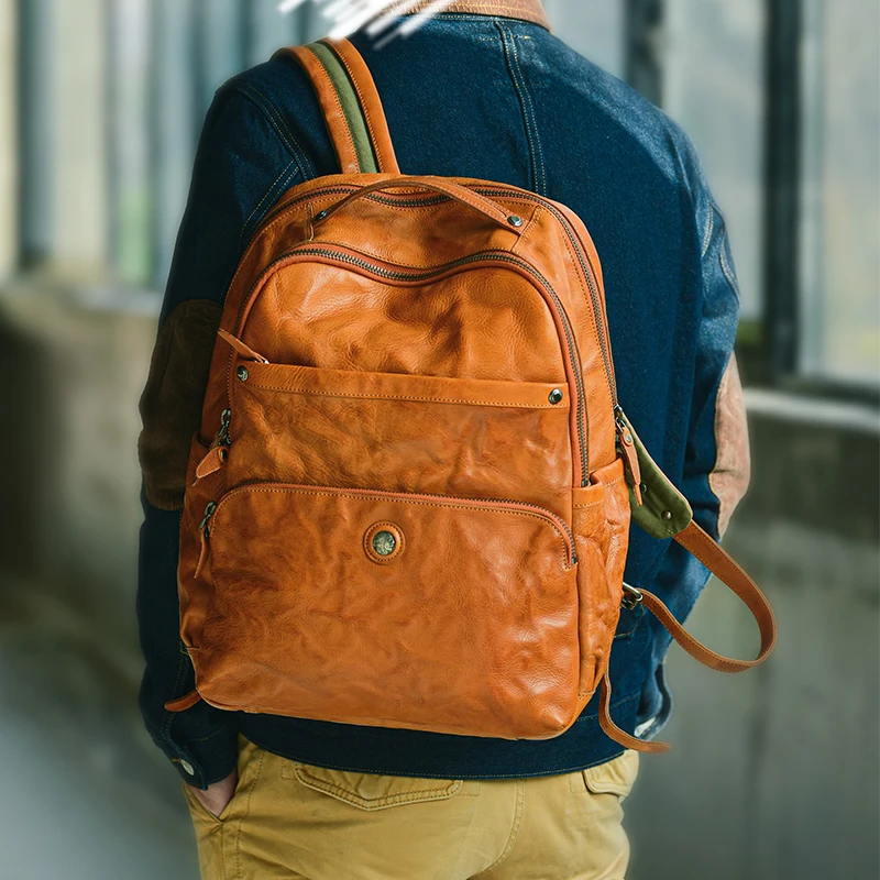 Genuine Leather Backpack Men's Laptop 