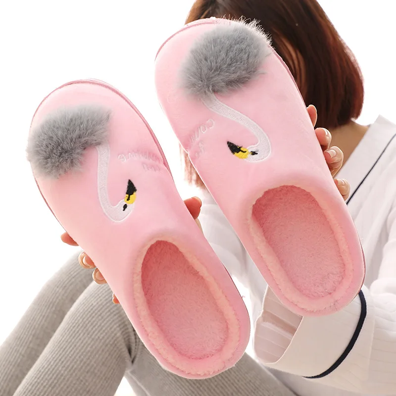 

ZHENZHOU 2019 Winter indoor cotton mop Flamingo pattern outside the home wooden floor non-slip shoes keep warm cotton slippers