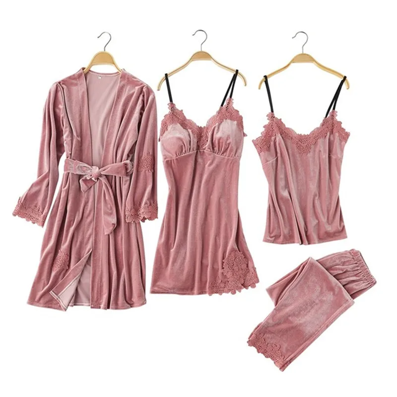 

Gold Velvet 4 Pieces Pajamas Warm Autumn Winter Women Sexy Lace Robe Nightgown Sling nightdress set With Chest Pads Homewear