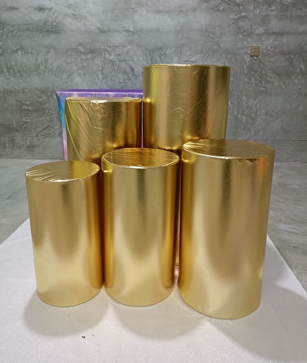 Gold and Silver Pink Red BLue Shiny Metallic Fabric Stretch Cloth Elastic Pedestal Cylinder Table Covers Party Decoration
