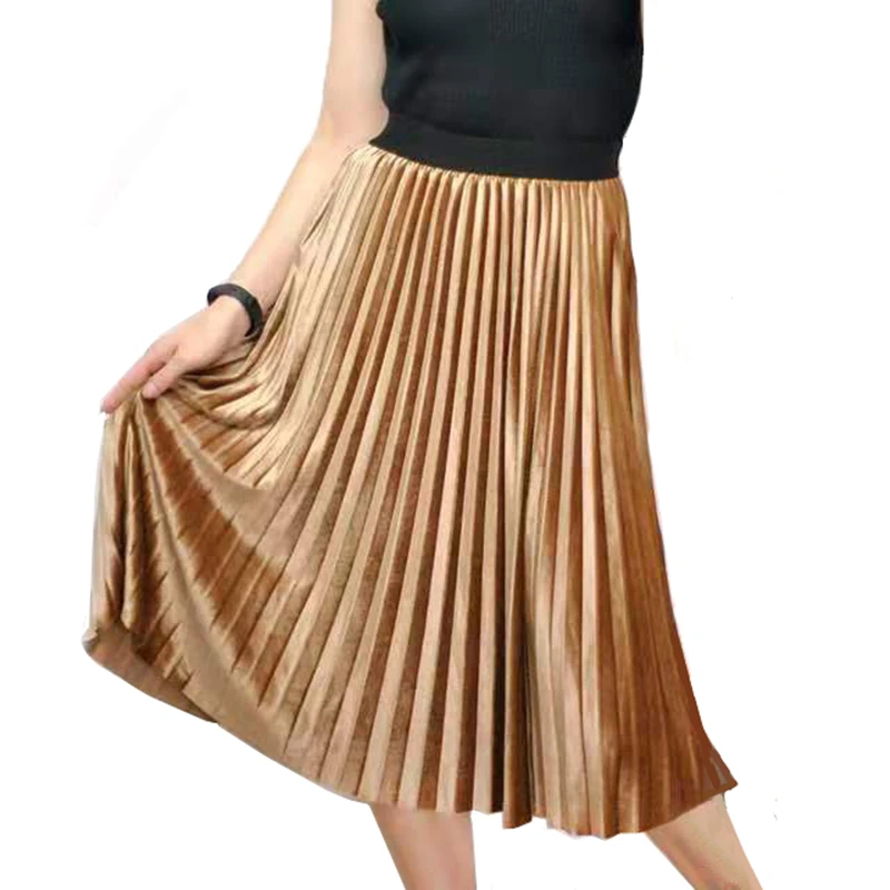 

New Spring Autumn Women Long Metallic Skinny Female Maxi Pleated Skirt Midi Skirt High Waist Elascity Party Women Skirt Vintage