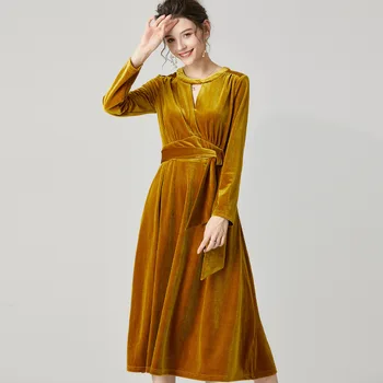 

Dresses Woman Party Night 2020 Spring New Gold Velvet Hollow Out Round Neck Long sleeve Lace-up Waistbelt Elegant dress Female