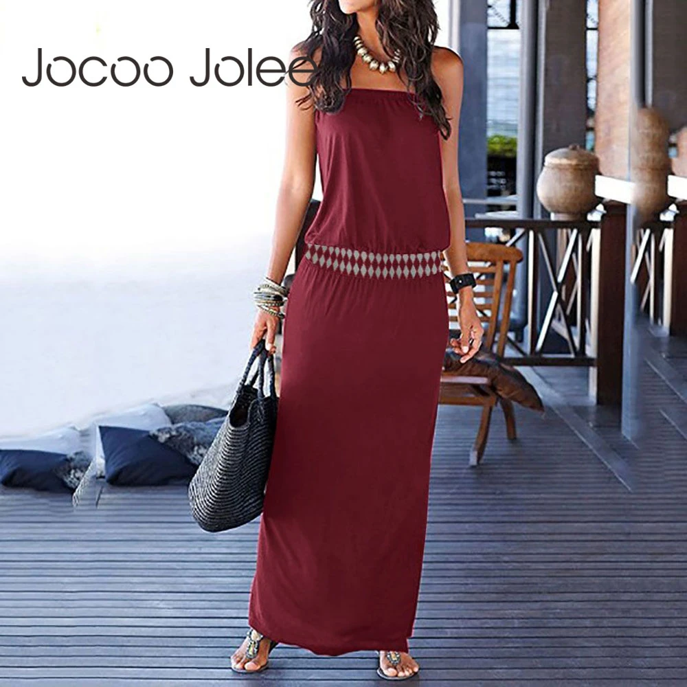 Jocoo Jolee Women Boho Off Shouldeer Strapless Solid Long Dress Casual Elastic Waist Slim Ankle-length Dress Beach Party Dresses long sleeve maxi dress