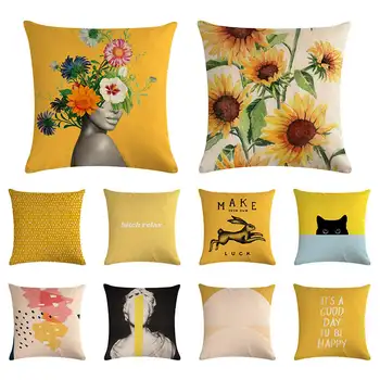 

New sunflower pattern cushion cover coffee lemon hug pillow cover linen car sofa bed pillow cover decoration household 45x45cm