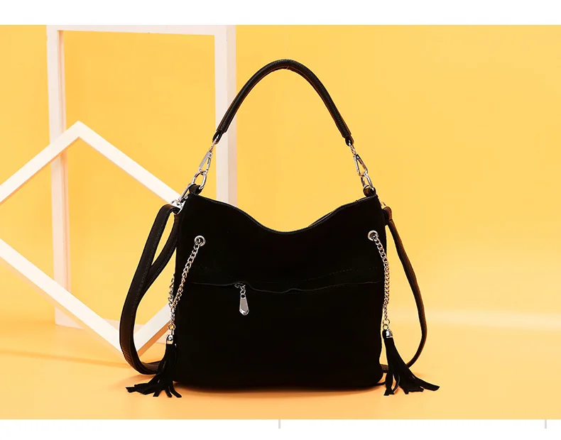 Faux Suede Handbag Luxury Brand Shoulder Bags for Women 2019 Tassel Bucket PU Leather Crossbody Bag Vintage Hobo Messenger Purse (5)