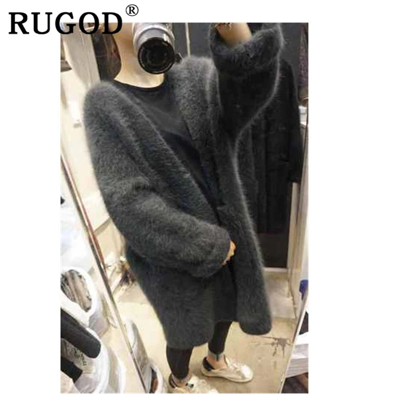 RUGOD/Новинка года; зимний Однотонный свитер; кардиган для женщин; v-образный вырез; Открытый стежок; свободный карман; длинное вязаное пальто; модное элегантное женское пальто