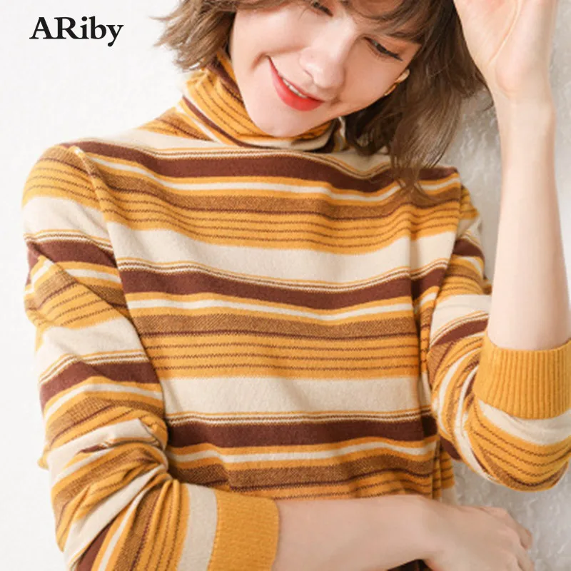 ARiby Women's Striped Turtleneck Sweater 2019 New Autumn Winter Rainbow Knitwear Easy to Match with Loose Knit Pullover | Женская