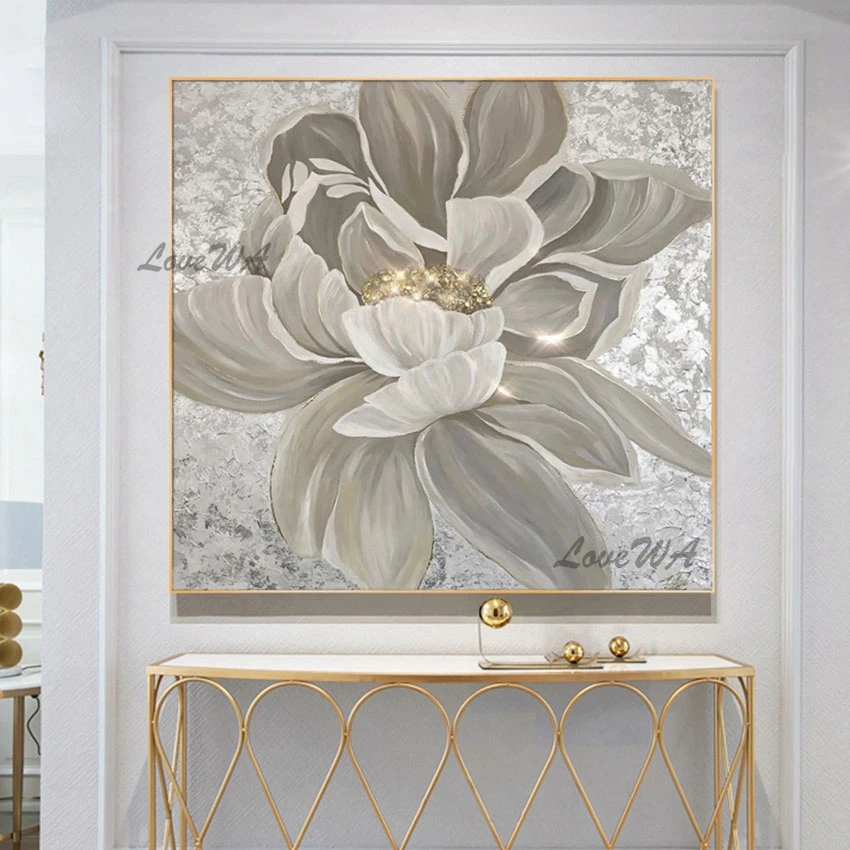

Unframed Add Gold Foil White Beautiful Large Flower Painting Showpiece For Home Decoration Custom Artwork Wall Picture Modern