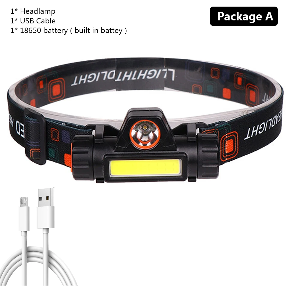 Package A Z40XP-G Q5 встроенный 18650 аккумулятор светодиодный налобный фонарь COB рабочий светильник 2 светильник режим с магнитом водонепроницаемый головной светильник Головной фонарь вспышка светильник - Испускаемый цвет: Package A