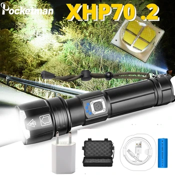 

Brightest XHP50 Rechargeable LED Flashlight Powerful XHP70.2 Torch P8 Light Super Waterproof Zoom Hunting Light Use 18650
