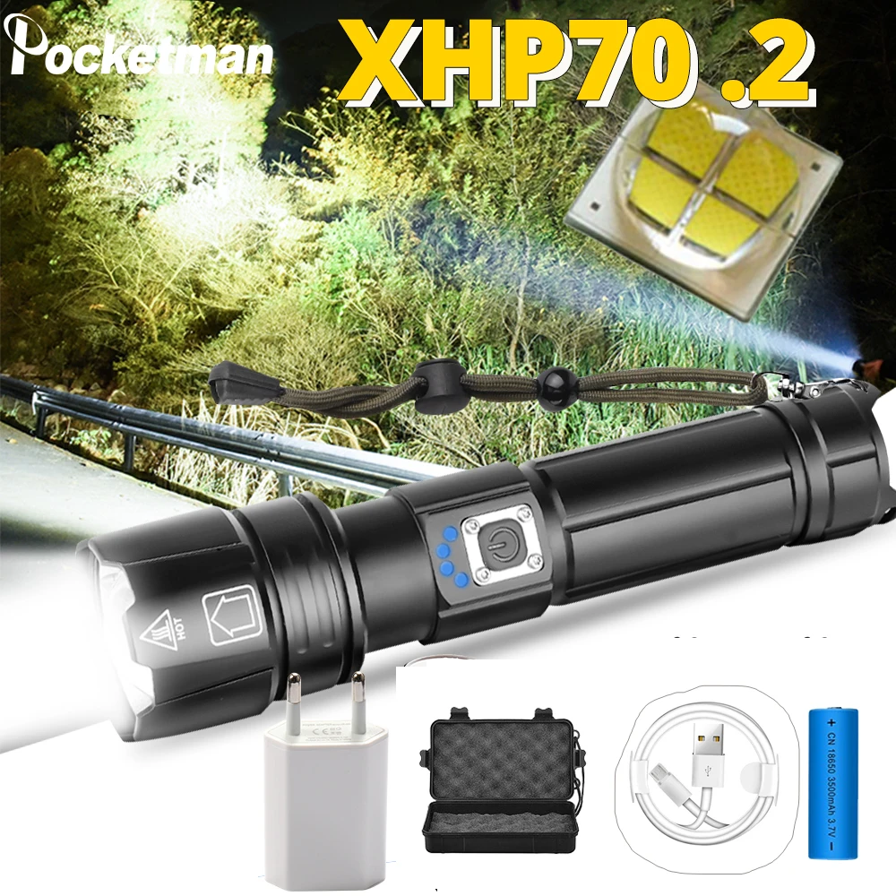 Яркий XHP50 перезаряжаемый светодиодный фонарик мощный XHP70.2 фонарь P8 свет супер