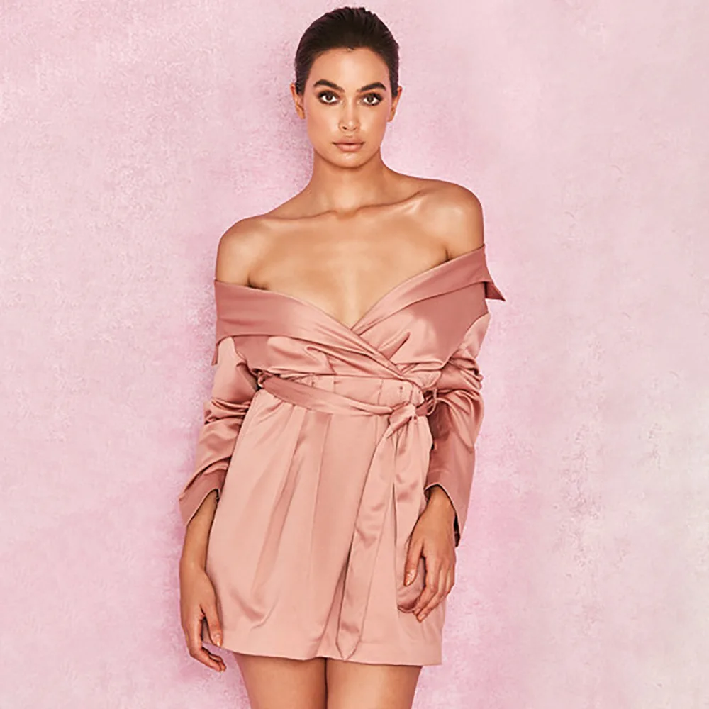 

2019 Autumn New V-neck Long-sleeve Belt Irregular Split Casual Dress Polyester Women Casual vestidos Dress