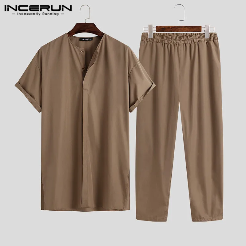 Pants Shirts Short-Sleeve Men-Sets INCERUN 2pieces Suits Streetwear Men Casual Solid
