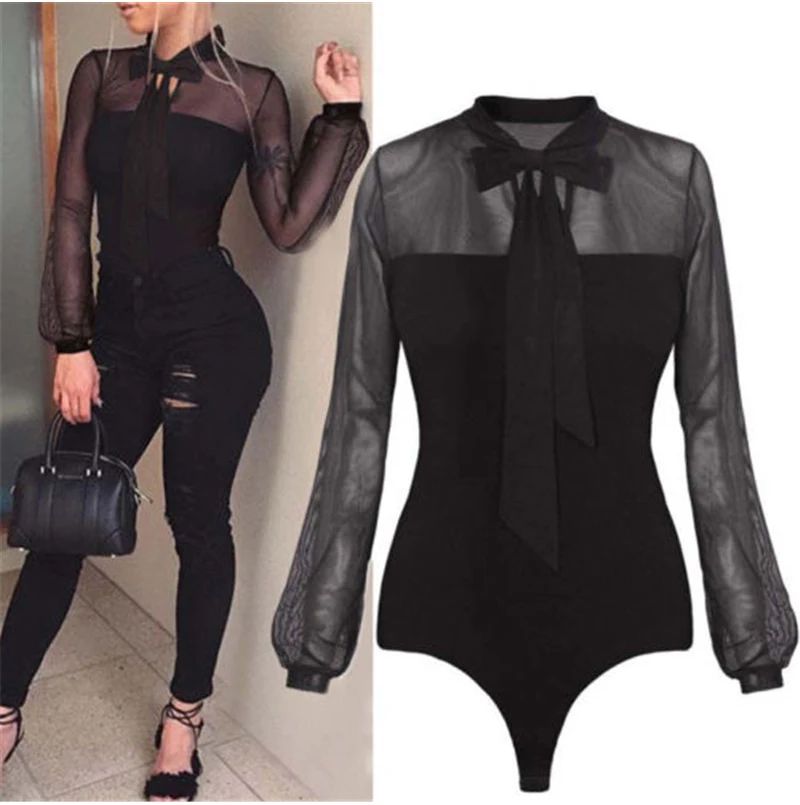 Fashion Women Bandage Tight Bodysuit Elegant Stretch Leotard Long Sleeve Body Tops T shirt Romper Sexy Party Club Streetwear