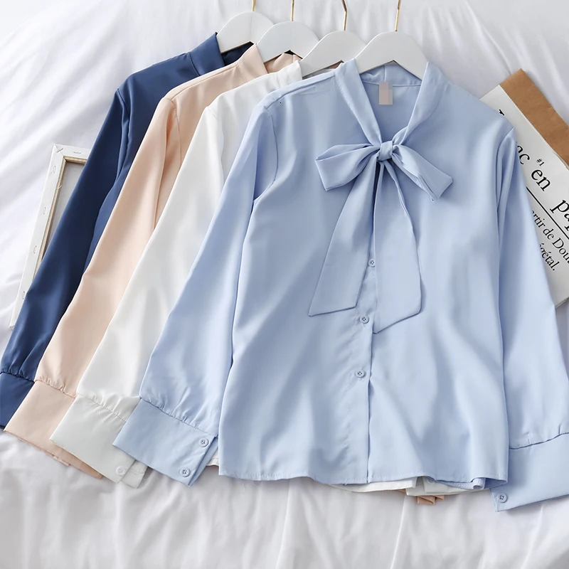 

Formal Elegant Shirt Office Lady Bow Collar Long Sleeve Casual Loose Blouse Cardigan Female Blue White Fashion Tops