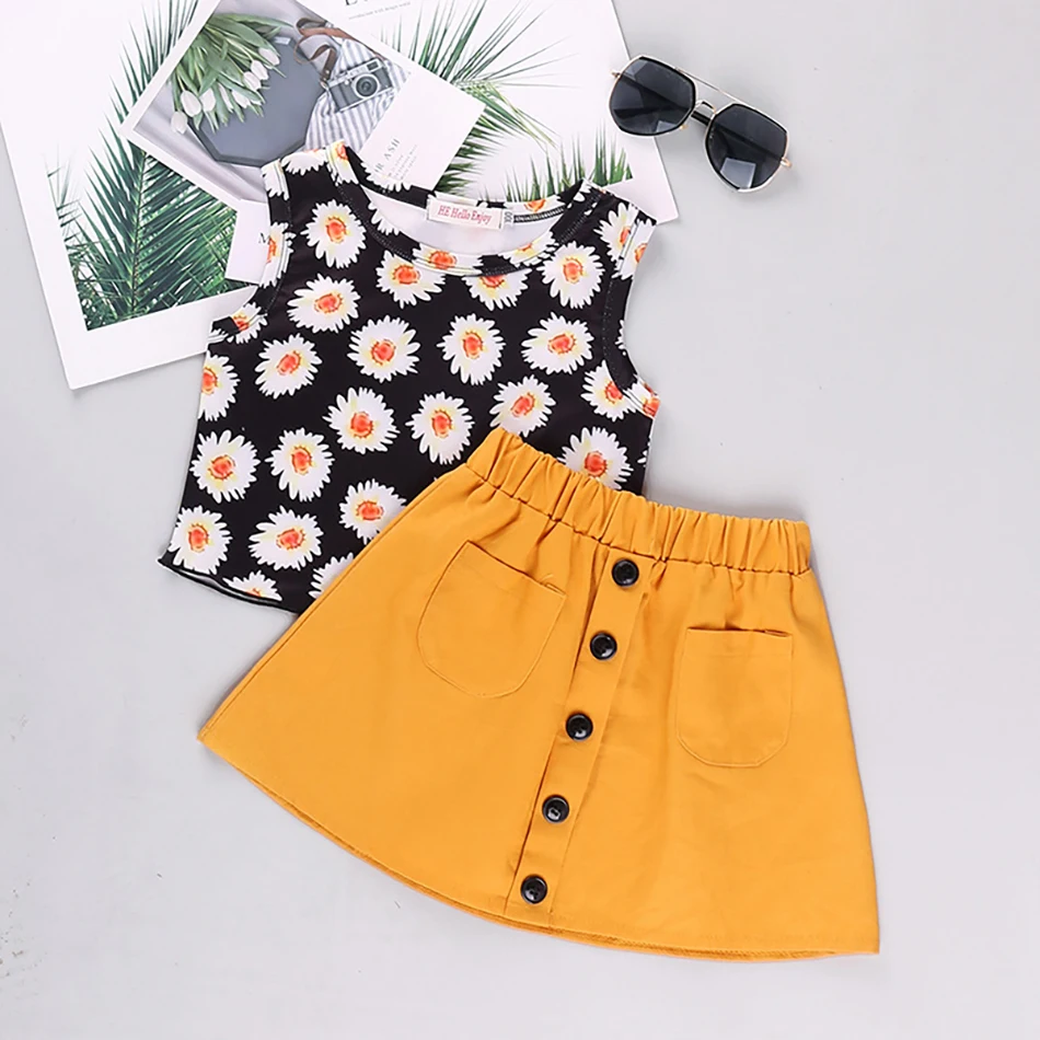 

Infant Girls Clothes Set Flower Print Tops+ Skirt Dress 2Pcs Summer Costume Children Clothing Set Outfit For 1-6 Years Girls