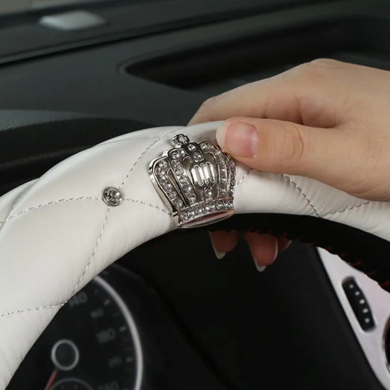 Leather Universal Car Steering-wheel Cover 38CM Diamond Blingbling Auto Steering Car Wheel Cover Woman Car-styling Accessories