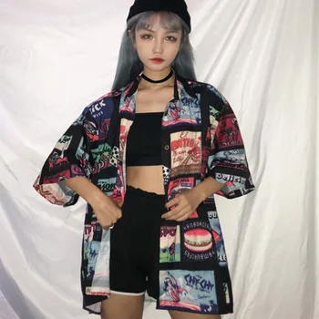 

Fashion Loose Blouses Beach Style Female Short Sleeve Turn-down Collar Casual Women Shirt Hip Hop Streetwear