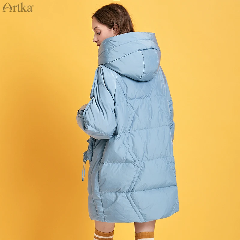 ARTKA Зимний женский пуховик синего цвета 90% белый утиный пух пальто с капюшоном Длинная Повседневная Свободная Толстая теплая верхняя одежда ZK10293D