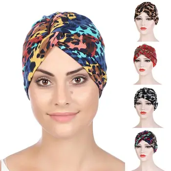

Women Leopard Front Twist Knot Windproof Muslim Turban Hat Cap Bonnet Headwrap Muslim Women headscarf Cotton