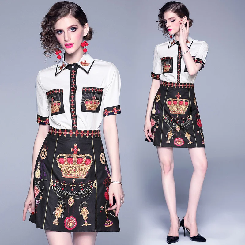 

2019 Summer Designer Set Suits Women's Short Sleeve Turn Down Collar Luxury Totem Printed Suits Crystal Top + Pencil Skirt Suits