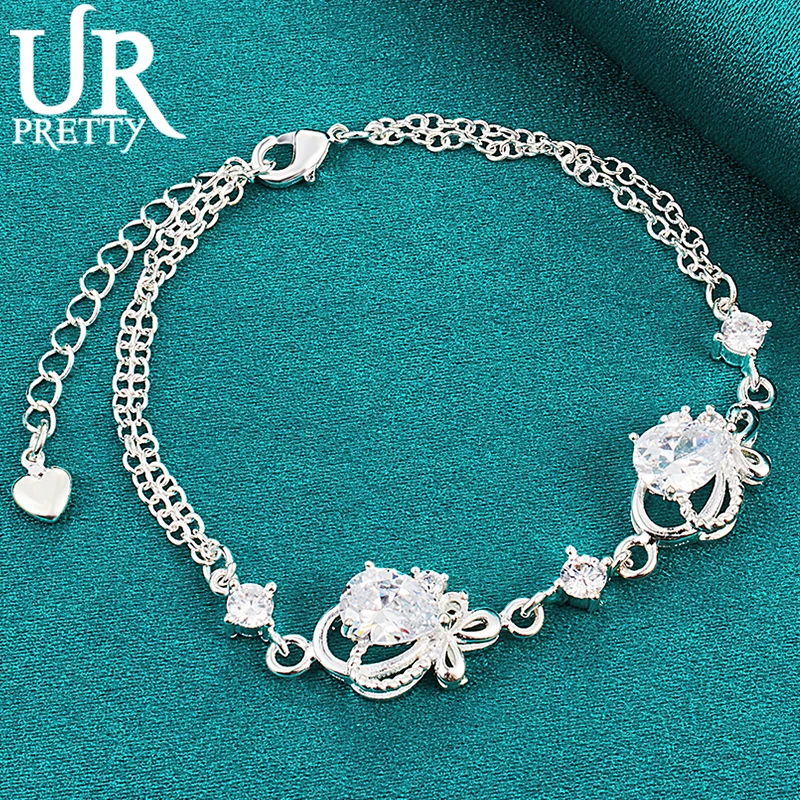 

URPRETTY 925 Sterling Silver Double Zircon Chain Bracelet For Women Party Engagement Wedding Jewelry