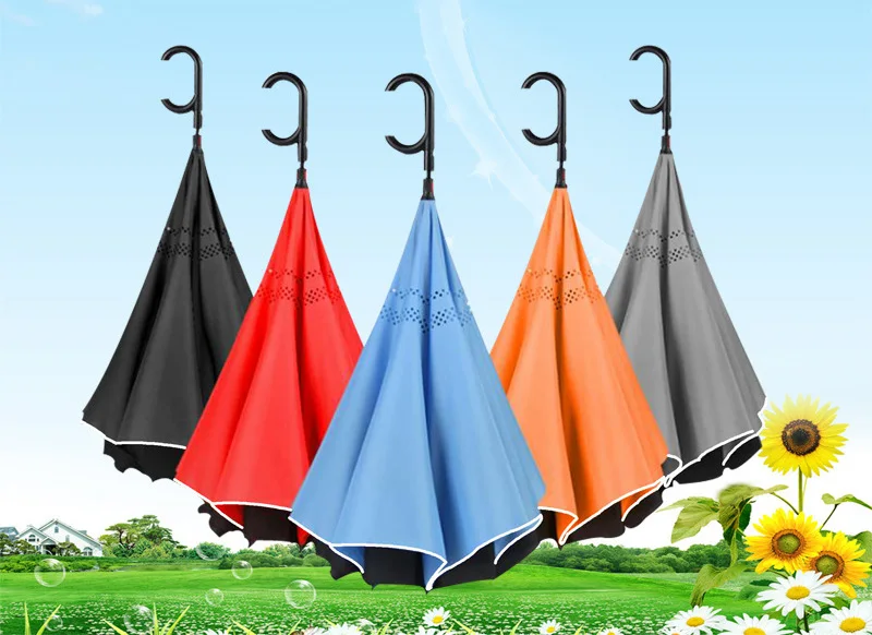 

Large Automatic Inverted Umbrella Reverse Night Reflective strip Windproof Folding Men Women Double Layer Umbrellas Stand