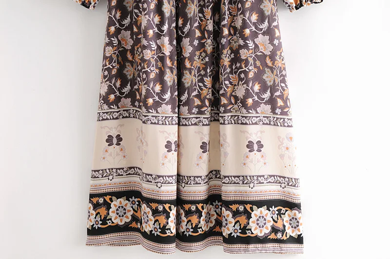 Vintage chic women long sleeve neck tie Ethnic grey floral print beach Bohemian maxi dress Ladies rayon Boho dress vestidos