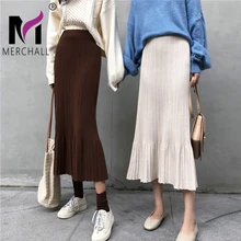 Корейская Женская Осенняя облегающая плиссированная длинная юбка-карандаш с высокой эластичной талией, женская трикотажная юбка-русалка, миди юбки, Jupe Longue Femme
