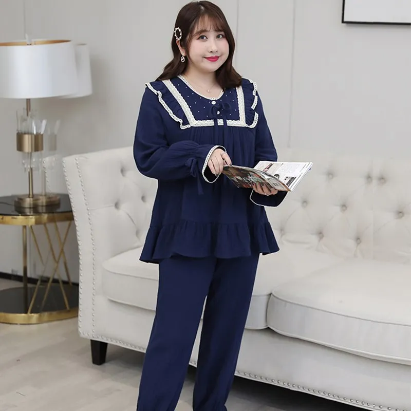 

Pajamas for Women 2020 Spring Fall New Pure Cotton Women Home Suit 4XL Blue Lace Round Neck Top+Long Bottoms 2 Pcs Women Pajamas