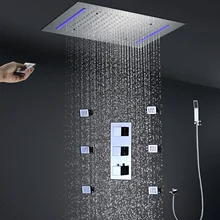 

Modern Ceiling LED Shower Set Thermostatic Diverter Mixer Faucets With Body Massage Jets Rainfall ShowerHead Panel 20x14inch