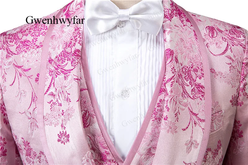 Gwenhwyfar Pink Men Tuxedos Floral 3 Pcs Slim Fit Shawl Lapel with Pipping Shinny Pants Male Party Tuxedos