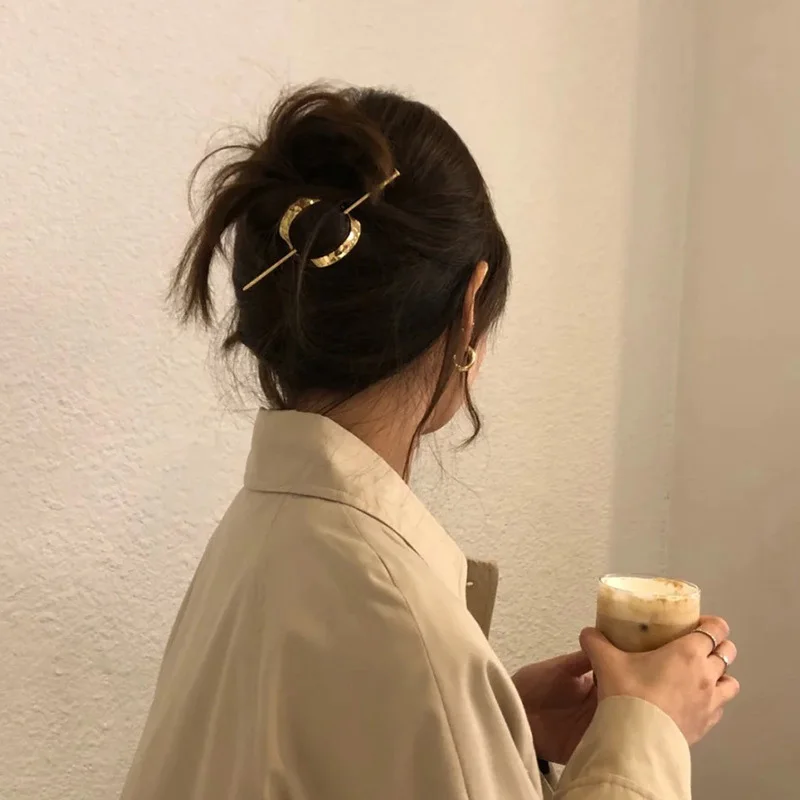 

2020 Gold Silver Color Metal Geometric Round Square Hollow Removable Top Clip Hair Sticks Headwear Accessories For Women