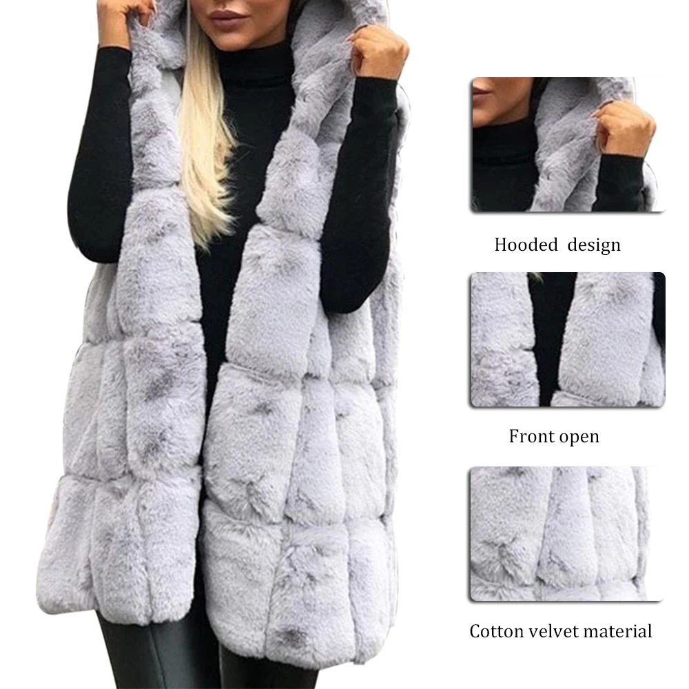 Womens Winter Warm Fur Vest Coats New Ladies Warm Faux Fur Gilet Vest Sleeveless Hooded Waistcoat Long Jacket Coat Outwear