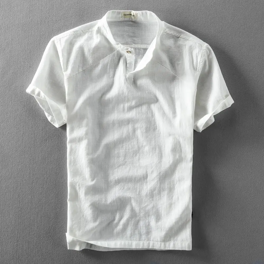 Summer Fashion Men Short Sleeve Cotton Linen Shirt Stand Collar Solid Breathable Male T Shirt Tees