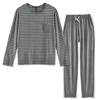 

LOUIS JASON Men's Pajama Set Long Sleeve Sleepwear Striped Grey Cotton Casual Loungewear Pijama Sleepwear Leisure Home Clothing
