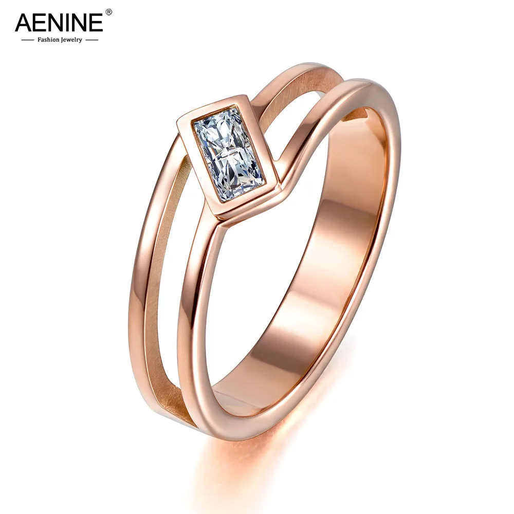 

AENINE New Style Exquisite Stainless Steel Ring Jewelry For Women Rose Gold Color CZ Crystal Anniversary Rings Anillo AR17164