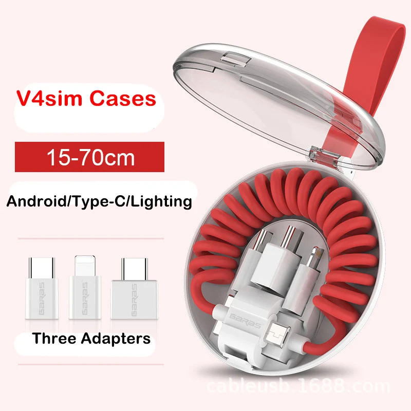 All-in-one portable spring data cable with Type-c Android Lighting Adapter Storage Box