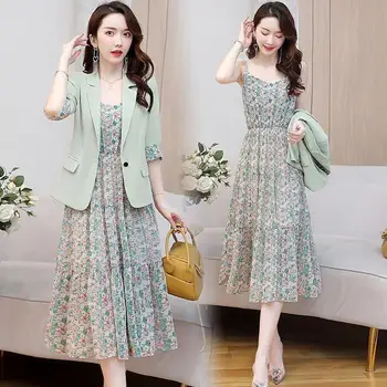 

2020 Summer Women Vintage 3/4 Sleeve Elegant Fashion Jacket + Floral Printed Strap Dress 2 Piece Sets Female Casual Suit H166
