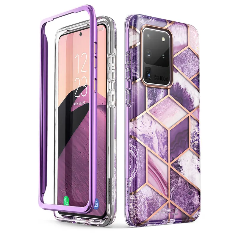 Чехол бампер для Samsung Galaxy S20 полностью блестящий мраморный с полным покрытием