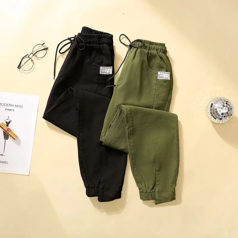 

Spring and autumn women thin casual Overalls plus size lace up Ankle-Length Cargo Pants with cords Elastic waist pants female